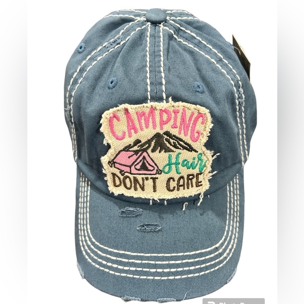 Camping Hair Don’t Care Embroidered Distressed Ball Cap Hat
